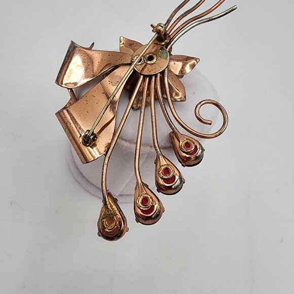 Vintage Sterling Silver with Rose Gold Vermeil Plum Rhinestone Floral Brooch 40s - Picture 6 of 12